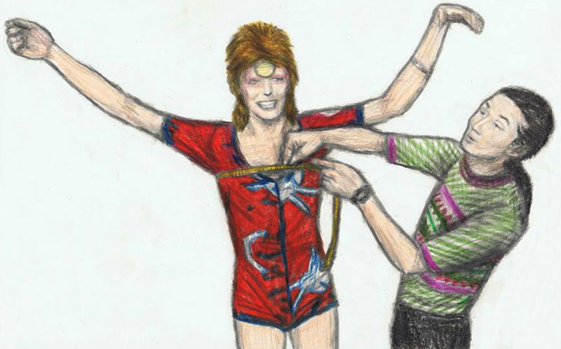 Ilustración del gran dibujante Gagambo con un Kansai Yamamoto tomando medidas a Bowie para uno de sus trajes el de “los conejitos” para la gira de 1972 de Ziggy Stardust.