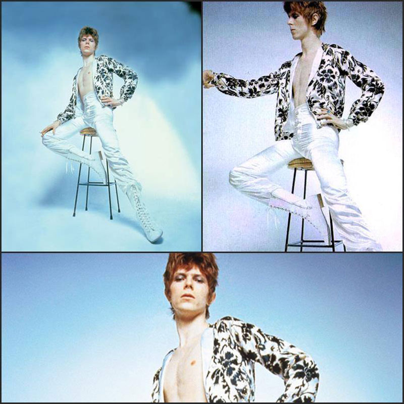 Sesión de fotos de Brian Ward para el disco The Rise and The Fall of Ziggy Stardust and The Spiders from Mars con un Bowie todavía en plena mutación hacia el look definitivo oriental de Ziggy.